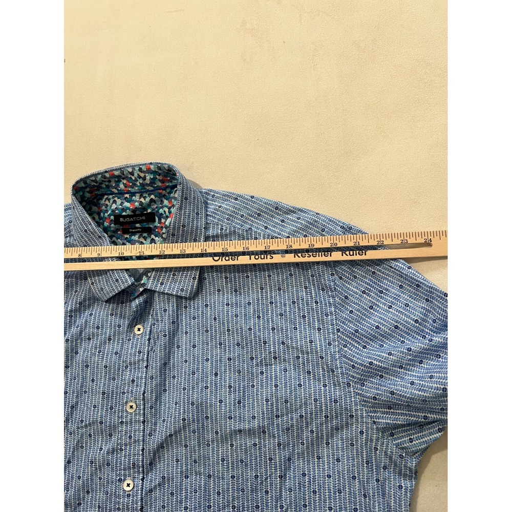 BUGATCHI Men's Shaped Fit Blue Striped Micro Dot Dress Shirt Long Sleeve Cotton - Picture 8 of 12
